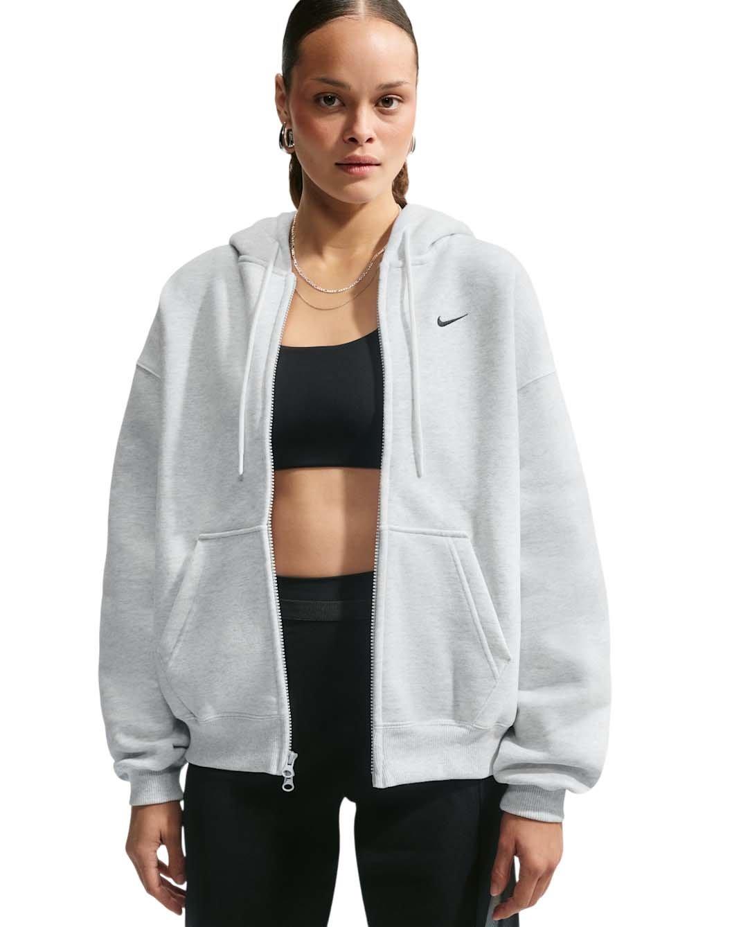 Nike Women's Studio Fleece Medium Weight Oversized Full-Zip Hooded Jacket - Birch/Black - BIRCH/BLACK